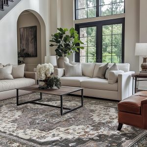 Area Rugs for Living Room 8x10 Machine Washable Rug, Boho Vintage Retro Large Floral Medallion Carpet for Bedroom Dining Room, Low Pile Lightweight Thin Non Slip Rug，Dark Grey