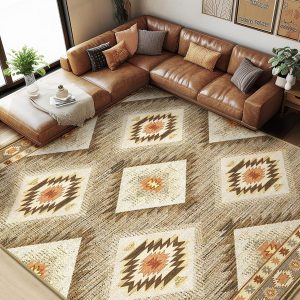 Area Rug 8x10 Rug Machine Washable Non-Slip Low Pile Print Pattern Western Rug for Living Room Bedroom Entryway Tribal Series -Cream/Camel