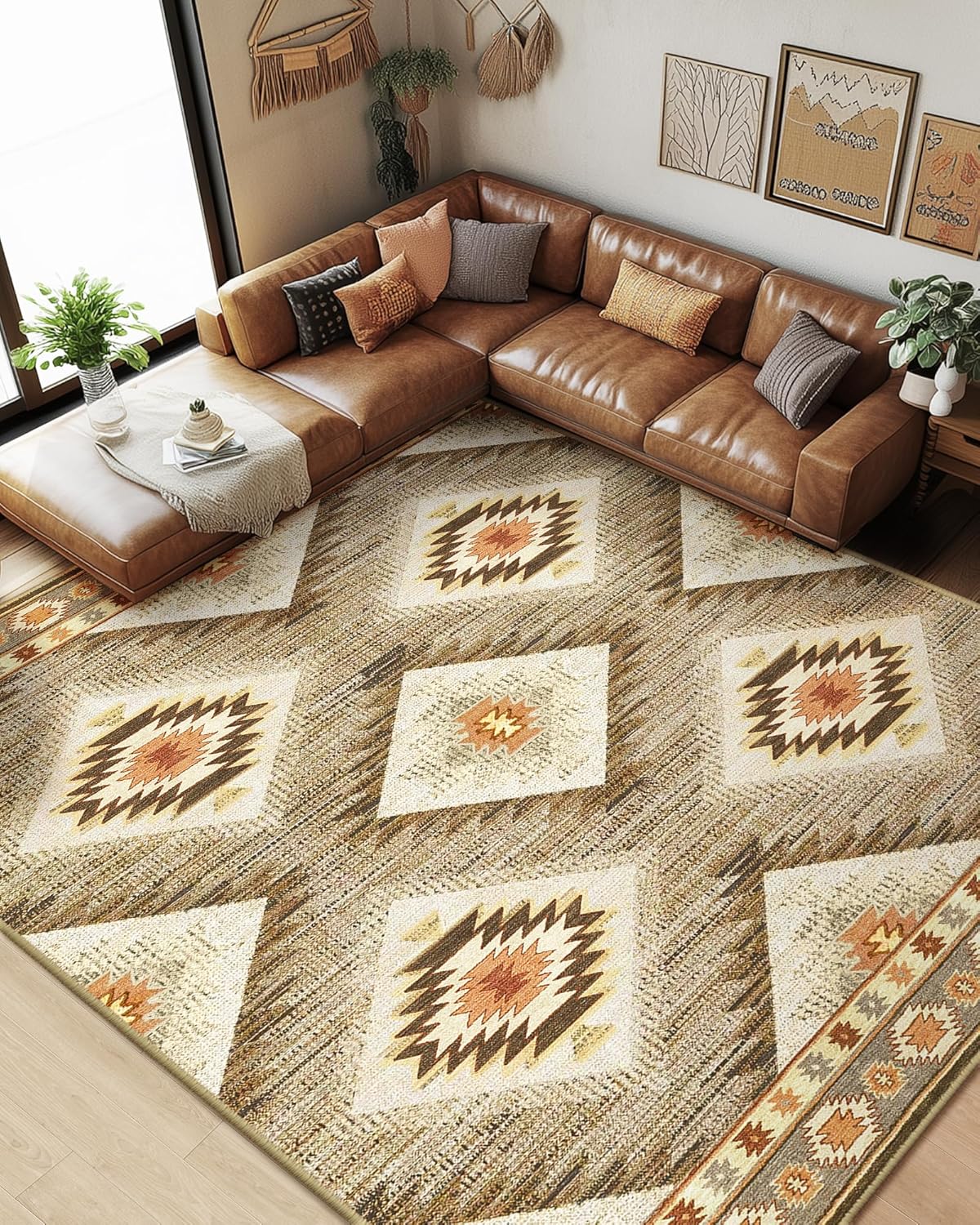 Area Rug 8×10 Rug Machine Washable Non-Slip Low Pile Print Pattern Western Rug for Living Room Bedroom Entryway Tribal Series -Cream/Camel