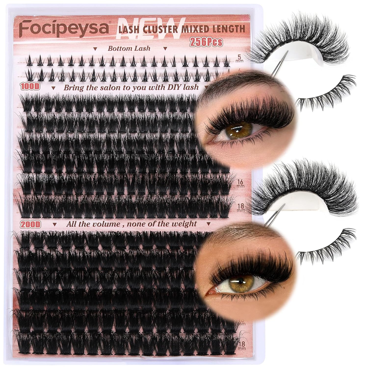Focipeysa Eyelash Clusters 100D 200D Lashes Extensions with Bottom Lash Volume Fluff Lash Clusters 256pcs Individual Eyelash Extensions 12-18mm Eyelash Extensions DIY D-Curly Lash Extension at Home - Image 6