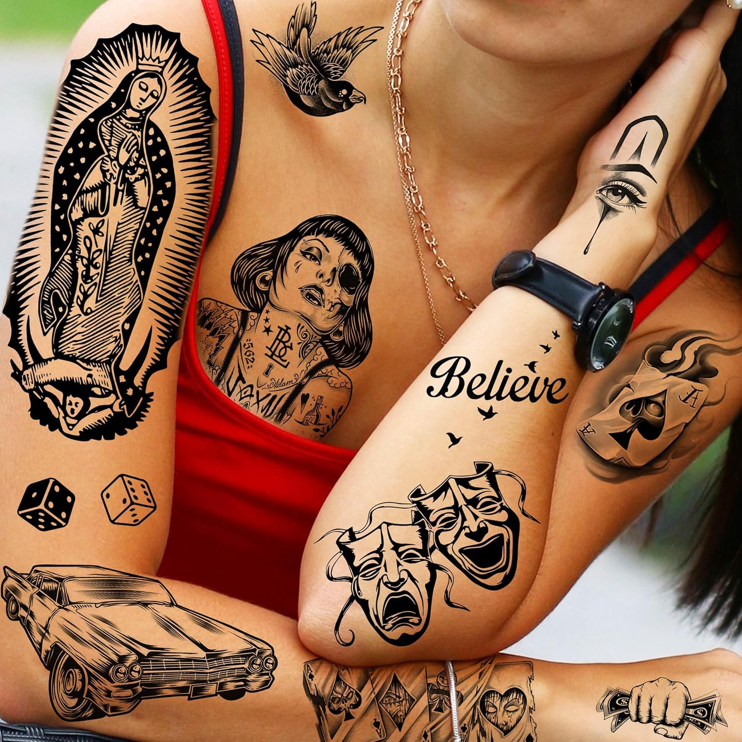 6 Sheets Large Chicano Temporary Tattoos For Men Women Adult, Chicana Guadalupe Gangster Fake Tattoos Prisoner Day of the Dead, Halloween Mexico Tattoo Stickers, Tatuajes Temporales Autocolante - Image 2