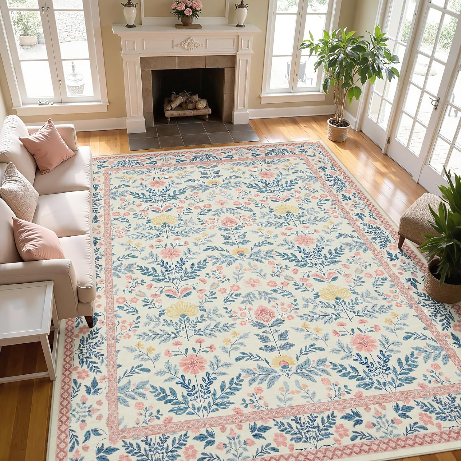 Joydeco Light Pink Washable Area Rugs 8x10 Bedroom Girls Kids Nursery, Boho Floral Large 8 x 10 Area Rugs for Living Room, Non Slip Soft Indoor Floor Carpet for Playroom Dorm Classroom - Image 7