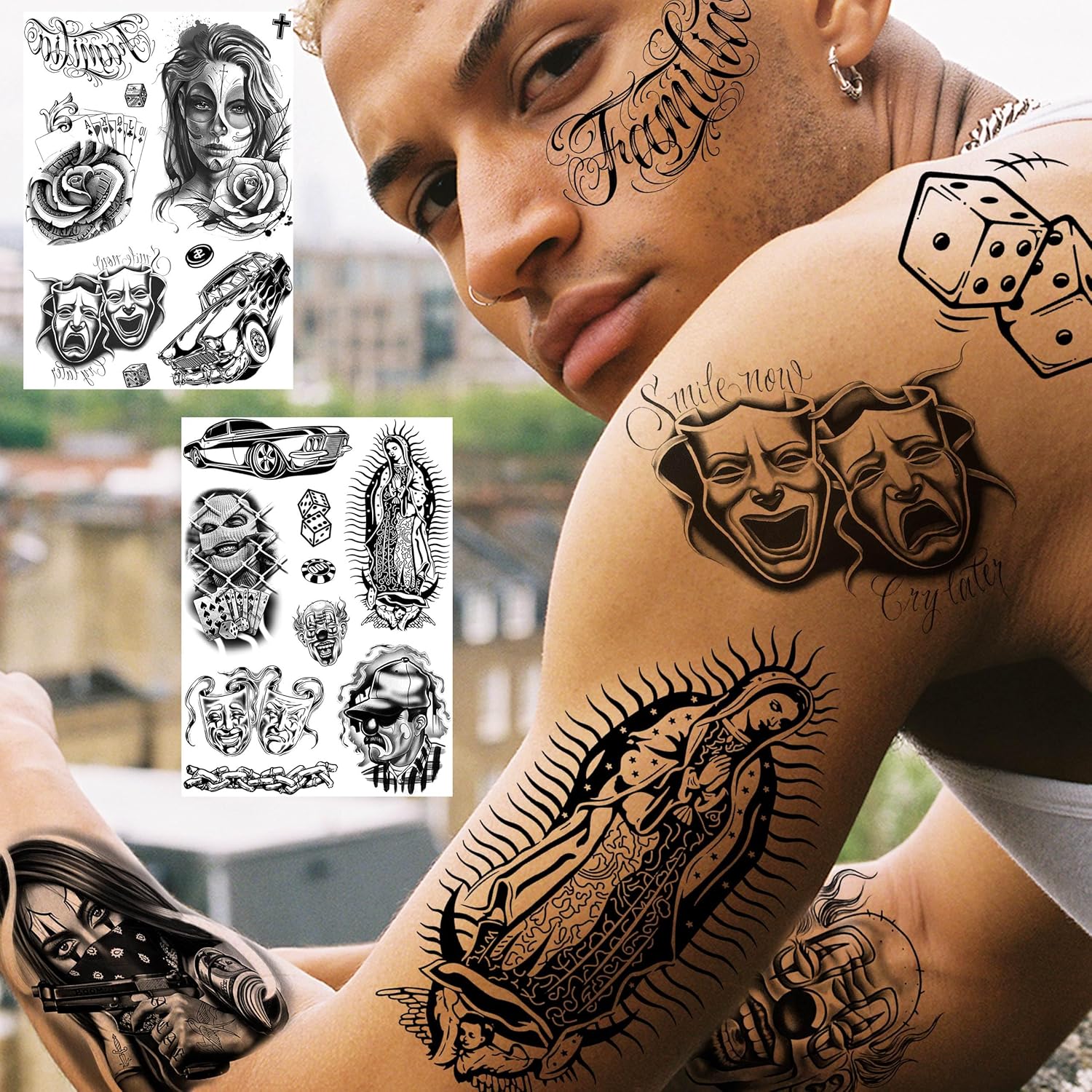 6 Sheets Large Chicano Temporary Tattoos For Men Women Adult, Chicana Guadalupe Gangster Fake Tattoos Prisoner Day of the Dead, Halloween Mexico Tattoo Stickers, Tatuajes Temporales Autocolante - Image 4