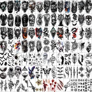 102 Sheets Halloween Tiny Temporary Tattoos Stickers, Fake Tattoos That Look Real And Last Long, Halloween Include Black Scary Wolf Lion Tiger Skeleton Skull Tattoos