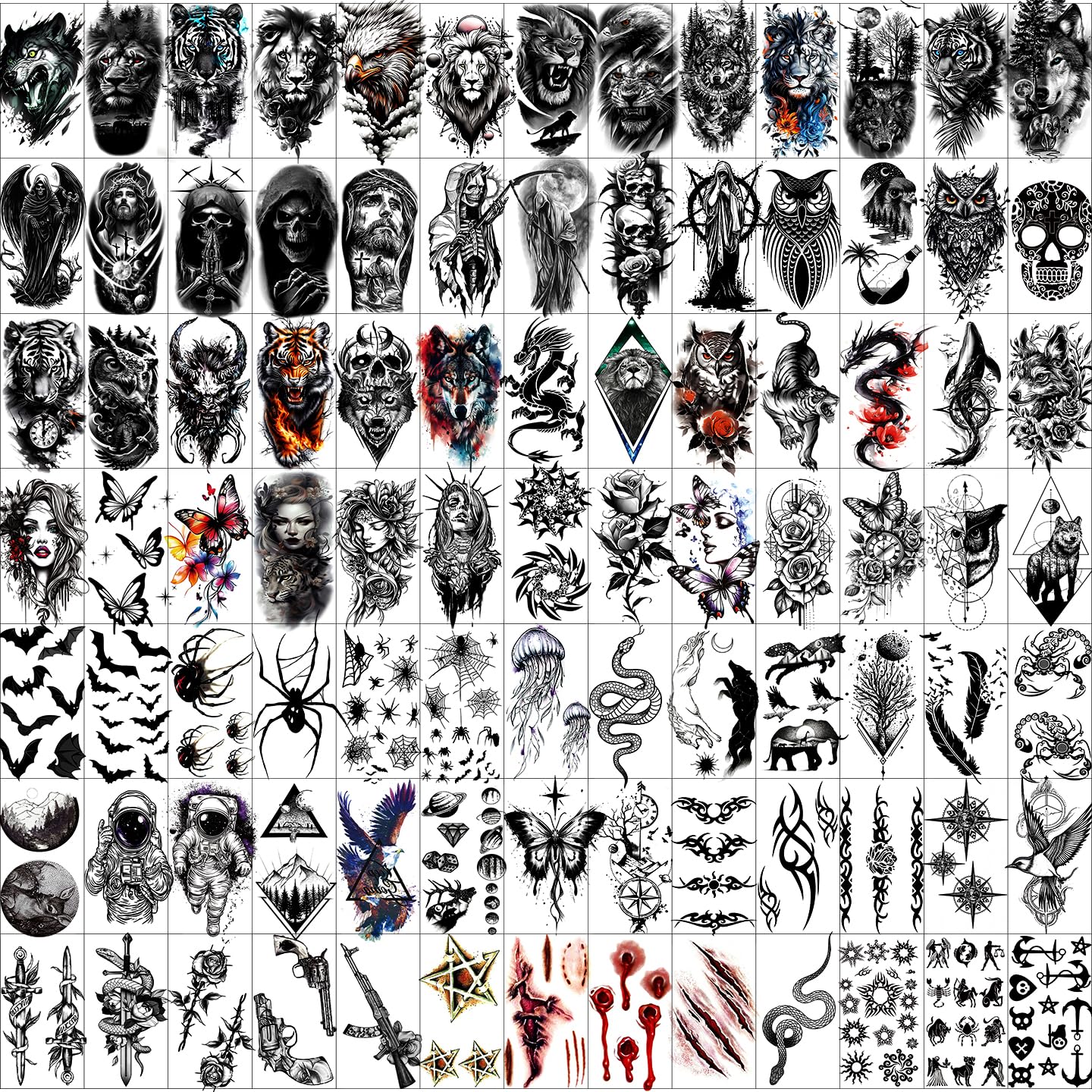 102 Sheets Halloween Tiny Temporary Tattoos Stickers, Fake Tattoos That Look Real And Last Long, Halloween Include Black Scary Wolf Lion Tiger Skeleton Skull Tattoos