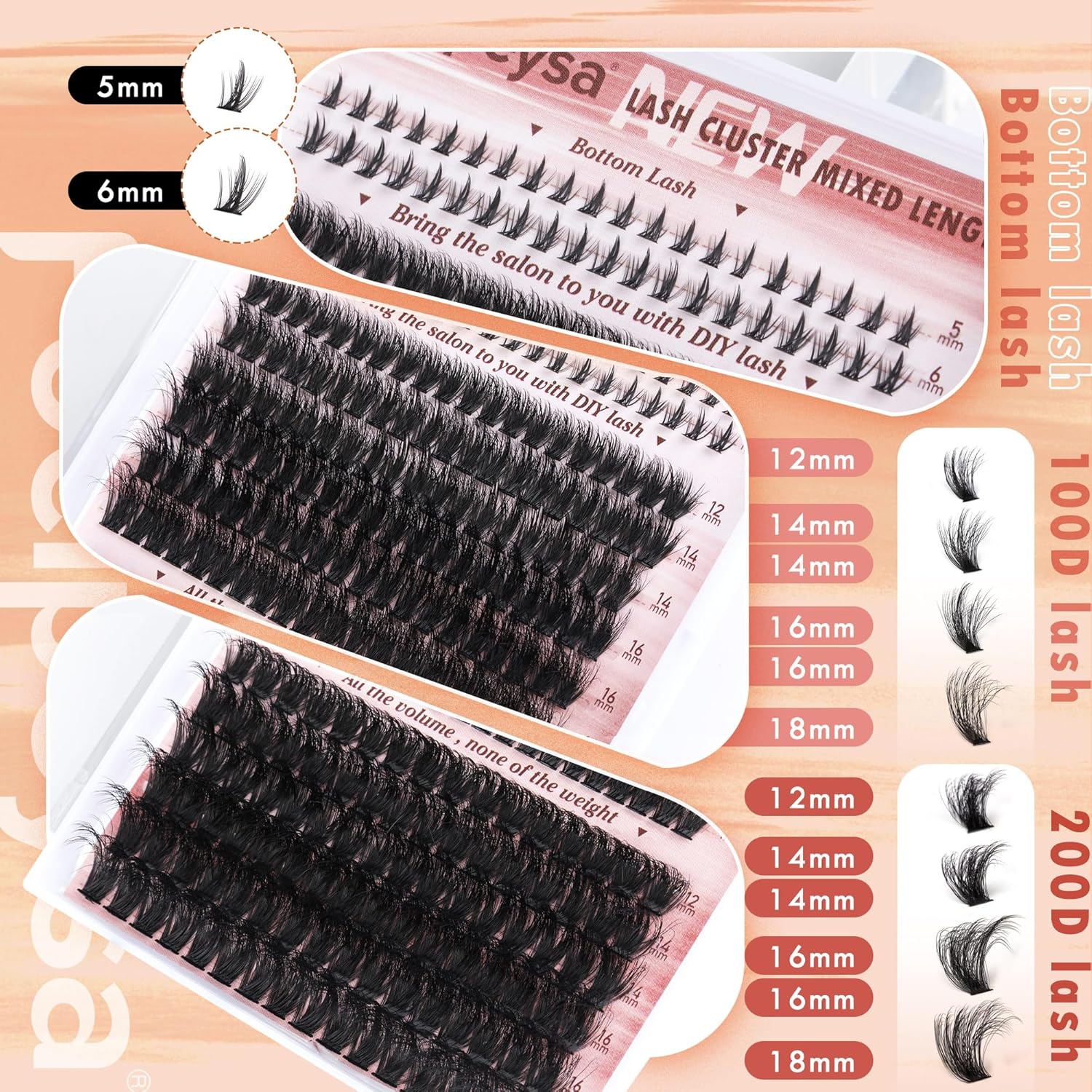 Focipeysa Eyelash Clusters 100D 200D Lashes Extensions with Bottom Lash Volume Fluff Lash Clusters 256pcs Individual Eyelash Extensions 12-18mm Eyelash Extensions DIY D-Curly Lash Extension at Home - Image 3
