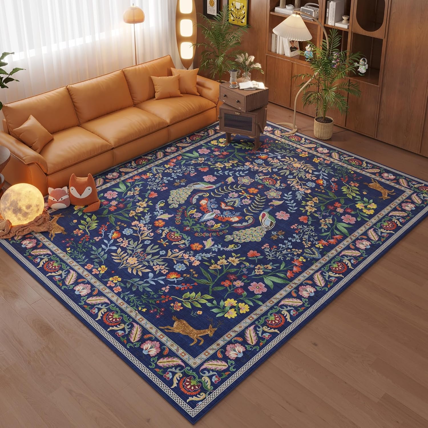 Rugcomf Living Room Rug 5x7 Rug Machine Washable Area Rug Floral Non-Slip Low Pile Large Rugs for Living Room, Bedroom, Farmhouse, Dining Room, Kids Playroom(Blue)