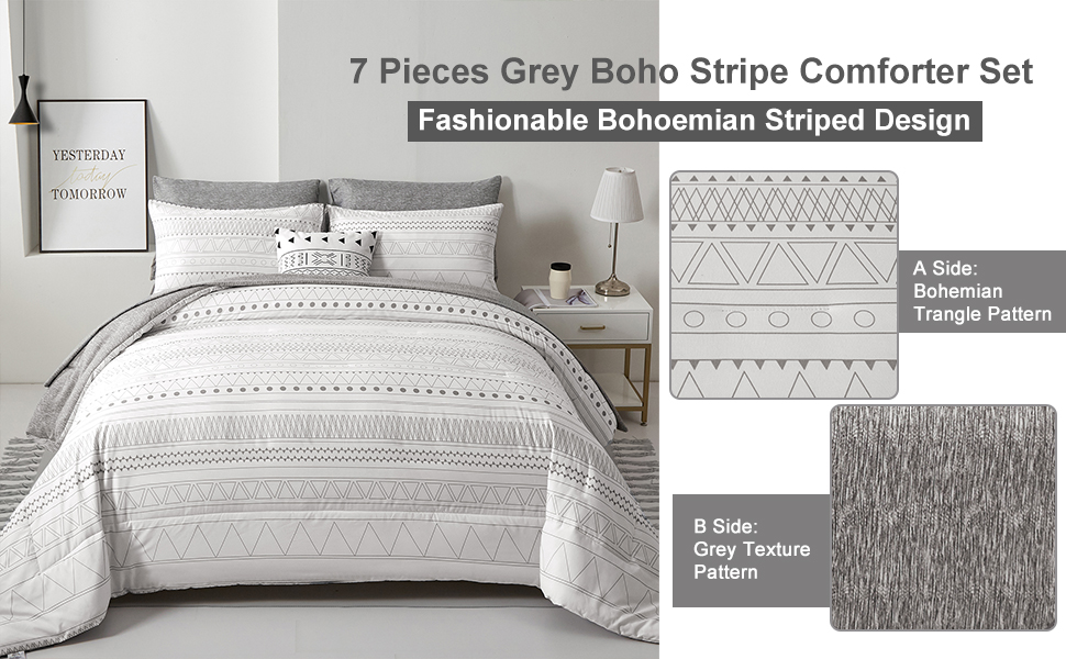 7 Pieces Grey Boho Stripe Comforter Set