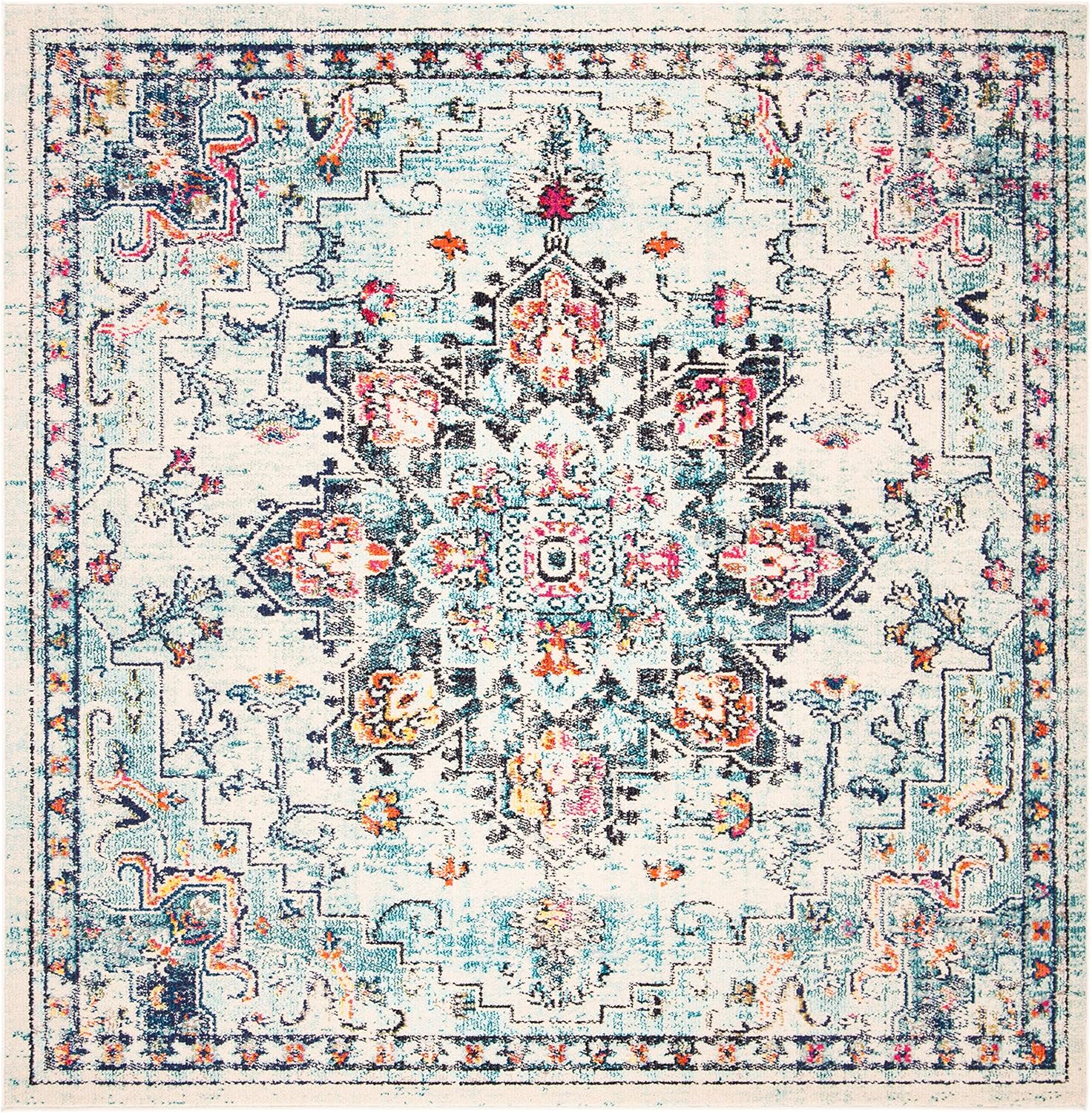 SAFAVIEH Madison Collection Area Rug - 8' Square, Cream & Blue, Boho Chic Medallion Distressed Design, Non-Shedding & Easy Care, Ideal for High Traffic Areas in Living Room, Bedroom (MAD473B) - Image 4