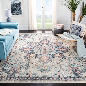 SAFAVIEH Madison Collection Area Rug - 8' Square, Cream & Blue, Boho Chic Medallion Distressed Design, Non-Shedding & Easy Care, Ideal for High Traffic Areas in Living Room, Bedroom (MAD473B)