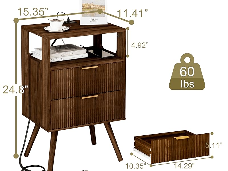 三层镂空竖纹床头柜 A+7(尺寸)胡桃木