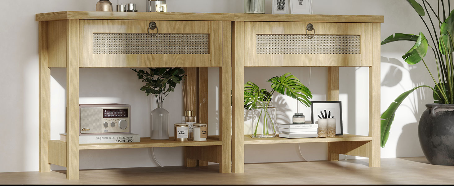 Large Rattan Bedside Table with Golden Handle