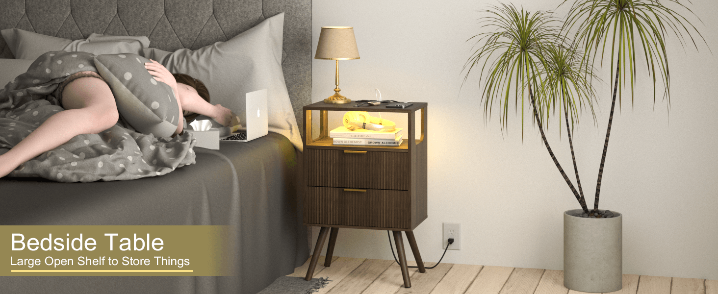 三层镂空竖纹床头柜 A+5胡桃木