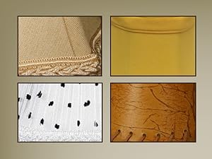 Collage of four close-up images highlighting decorative details on chandelier lamp shades.