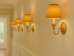 mustard velvet sconce shades, hallway lighting, clip-on chandelier shades, brass sconces