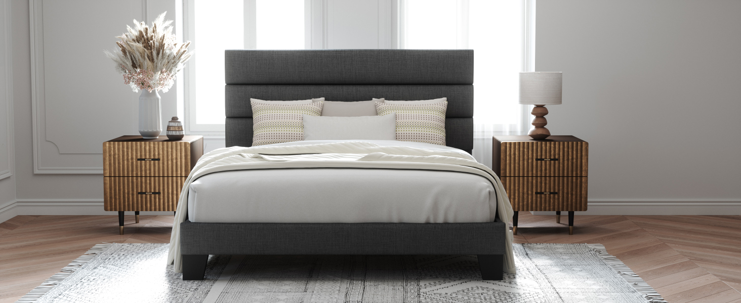 grey bed frame with upholstered headboard