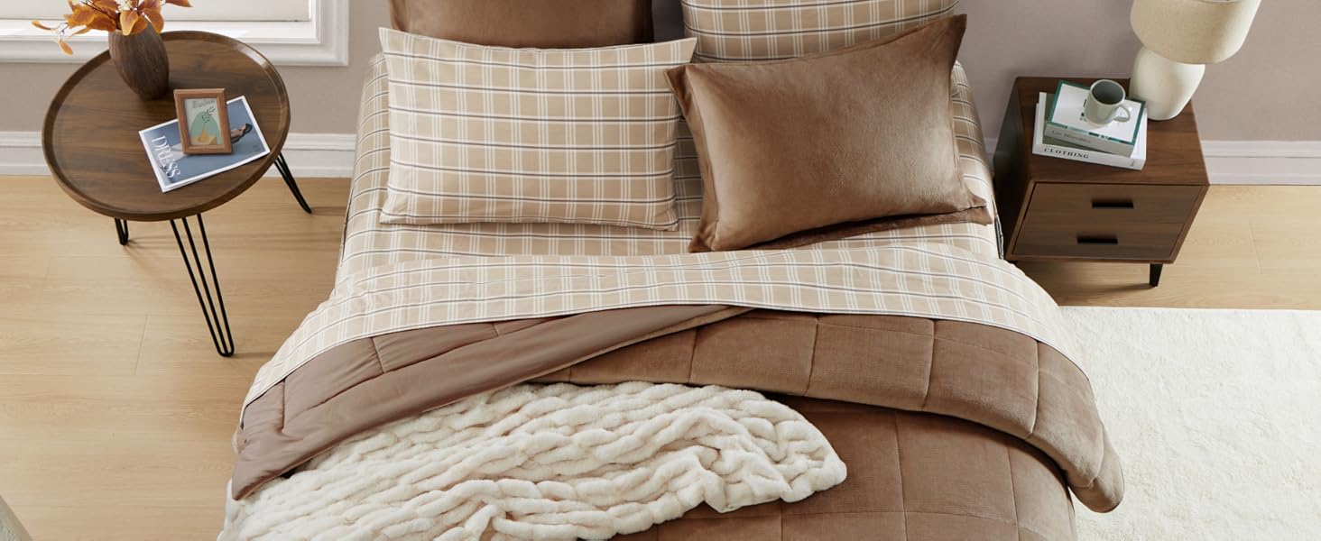 Soft Brown Plush Flannel Comforter Set
