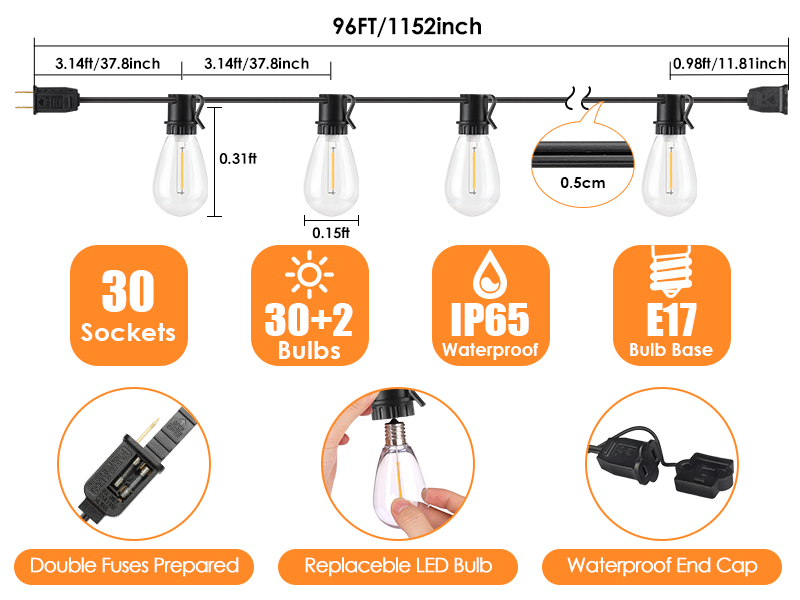 outdoor string lights 96feet 30 sockets