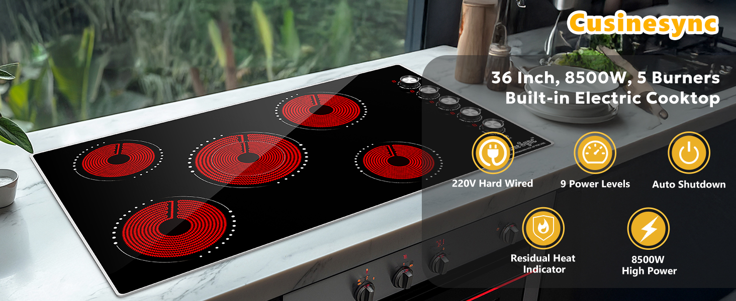 36 Inch 8500W 5 Burners Built-in Electric Cooktop
