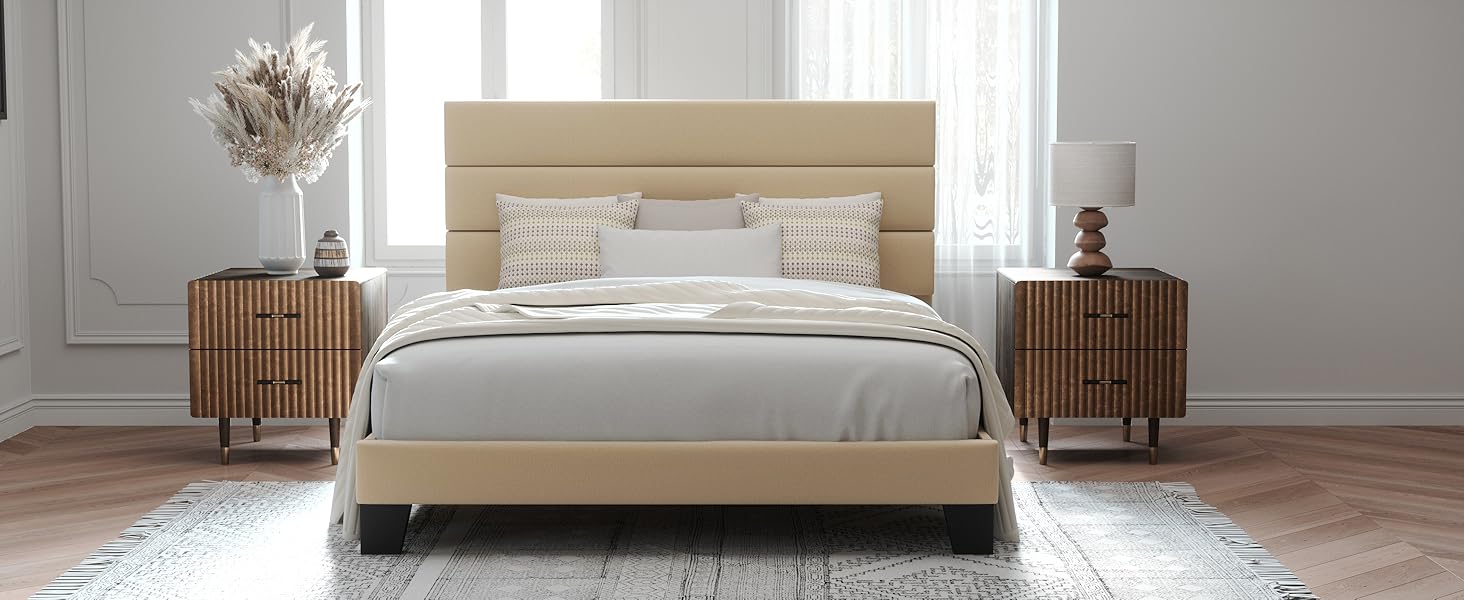 beige bed frame with upholstered headboard
