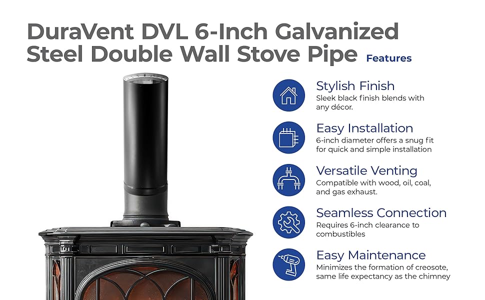DuraVent DVL 6 Inches Galvanized Stainless Steel Double Wall Stove Pipe, Black