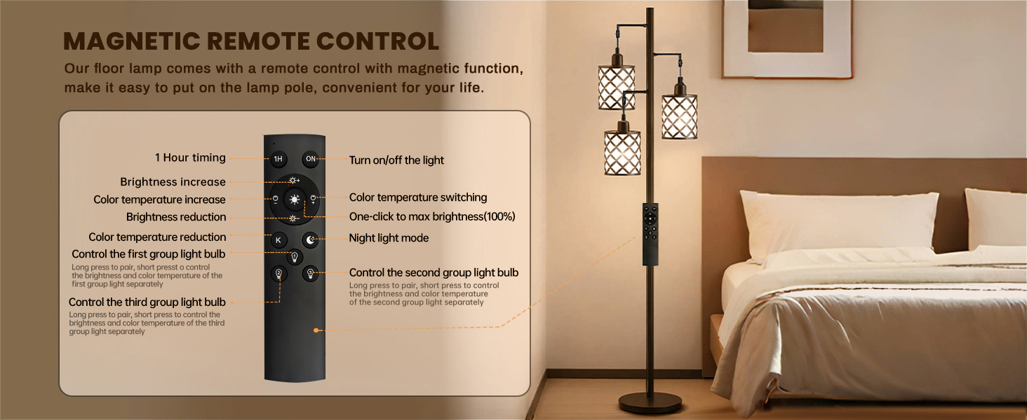 Dimmable Floor Lamp, Farmhouse Standing Lamp with Elegant Metal Cage