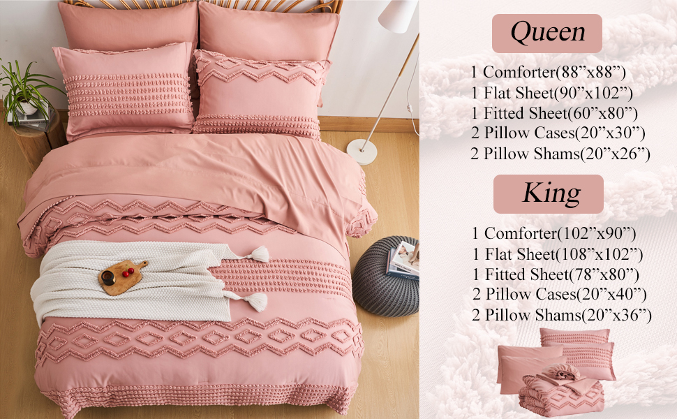 7 Piece Full/Queen/King Size Coral Pink Tufted Comforter Set