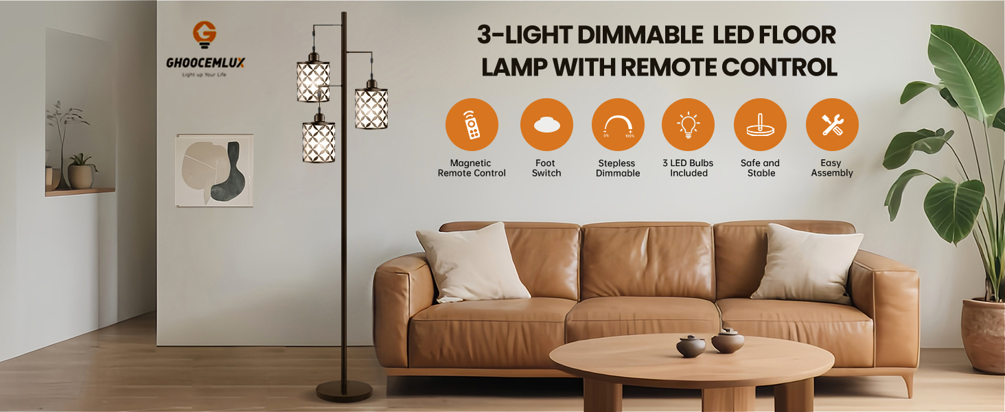 Dimmable Floor Lamp, Farmhouse Standing Lamp with Elegant Metal Cage