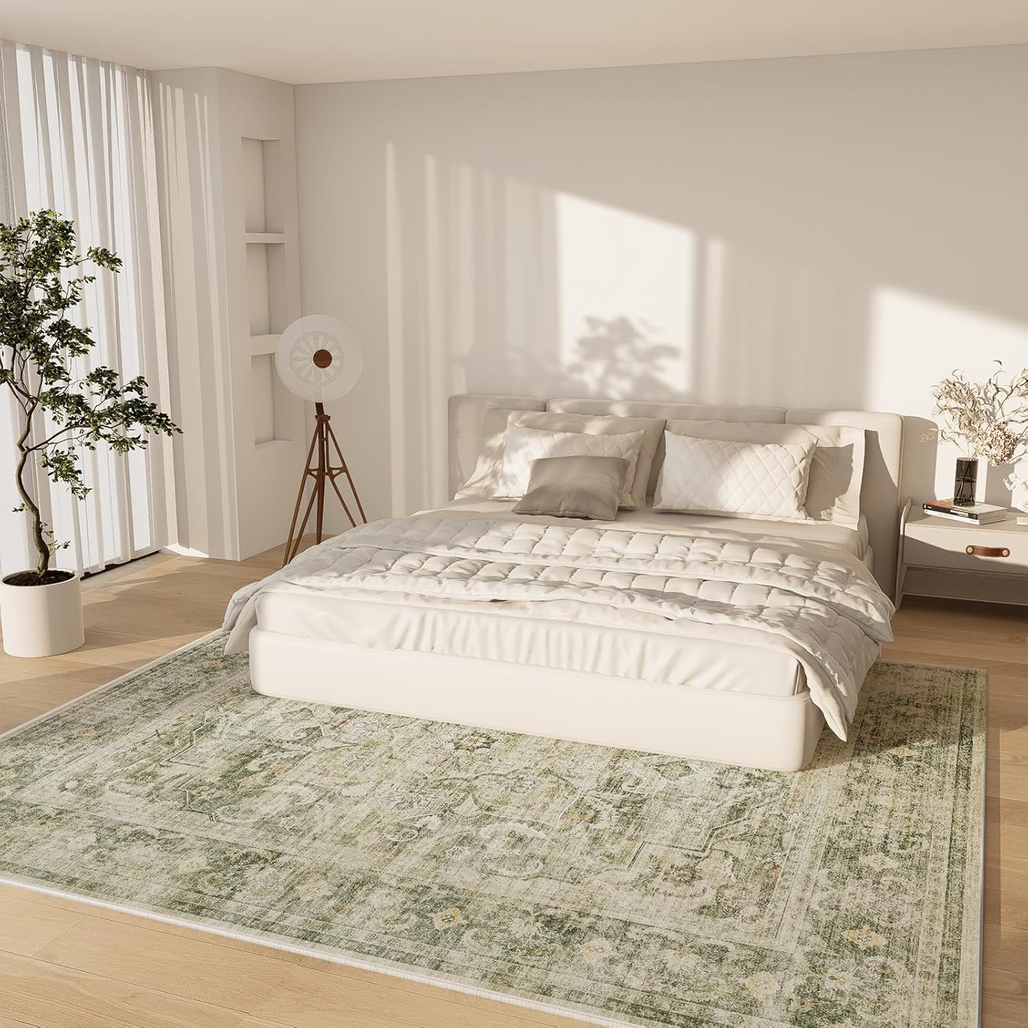 Machine Washable Living Room Rug: 5'x7' Bedroom Area Rug Boho Vintage Large Rugs Stain Resistant Non Slip Low Pile Faux Wool Soft Rug for Dining Room Bedside Kitchen Entryway Nursery Home Office - Image 2