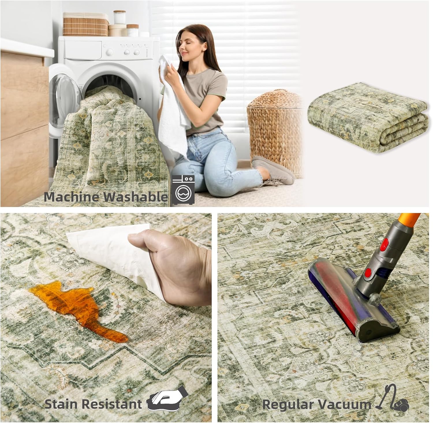 Machine Washable Living Room Rug: 5'x7' Bedroom Area Rug Boho Vintage Large Rugs Stain Resistant Non Slip Low Pile Faux Wool Soft Rug for Dining Room Bedside Kitchen Entryway Nursery Home Office - Image 5