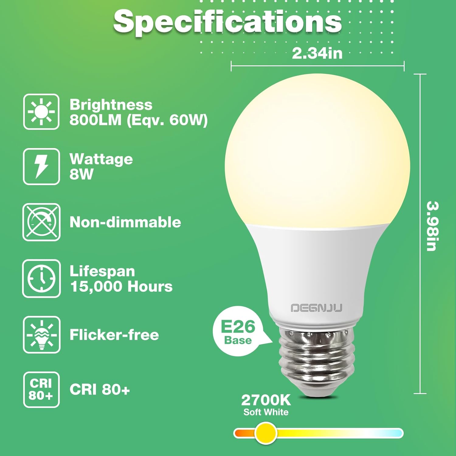 DEGNJU LED Light Bulbs Soft White 2700K, 60 Watt Equivalent LED Bulbs, A19 Standard Bulbs, 800 LM, 15000 Hours, E26 Base, Non-Dimmable, 8W White LED Bulbs for Bedroom Living Room, 12 Pack - Image 2