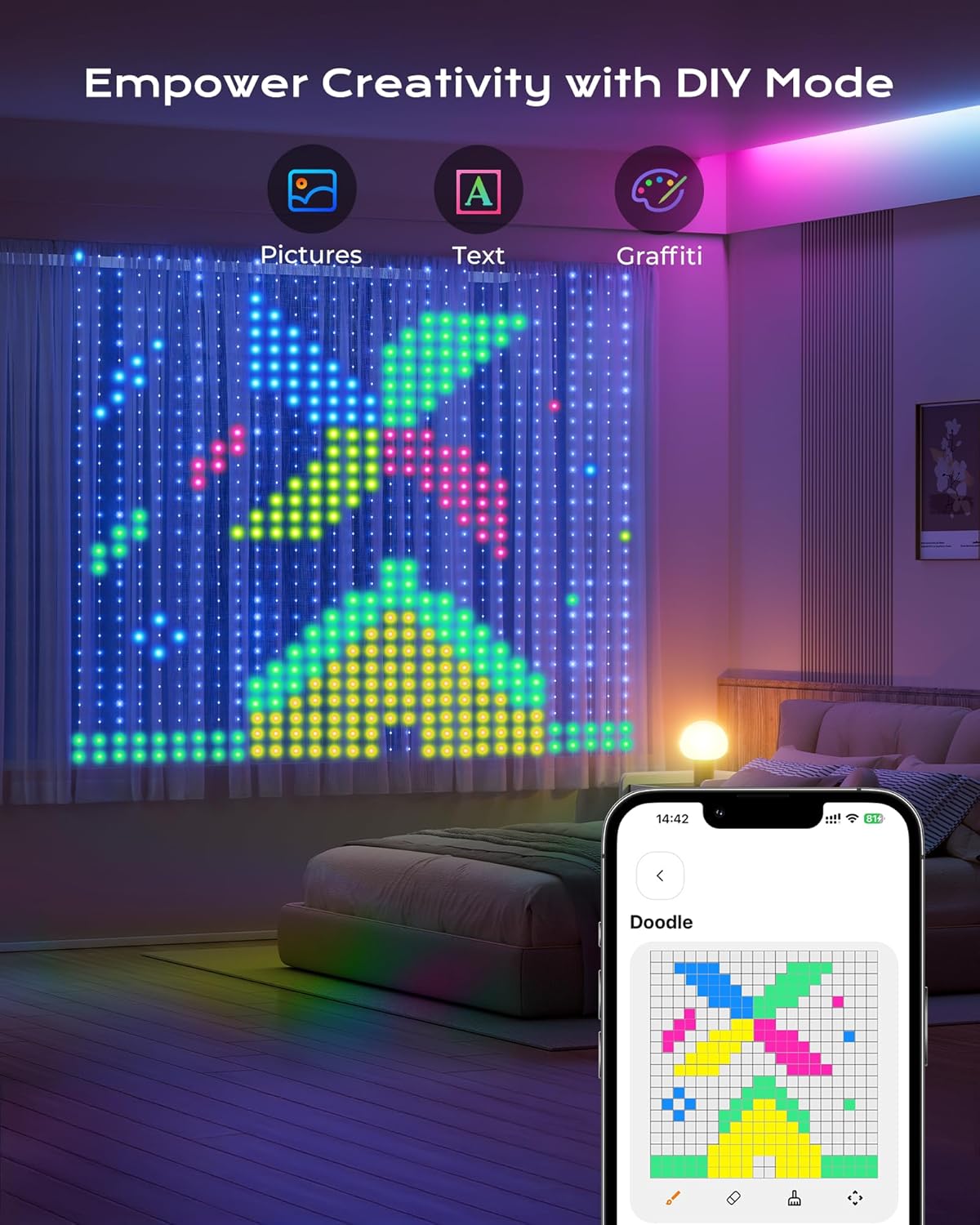 900 RGBIC LEDs Smart Curtain Lights with DIY GIF, 6.6x6.6ft Color Changing Christmas Wall Lights with APP, IP65 Waterproof String Fairy Lights for Indoor Outdoor Bedroom Window Garage - Image 2