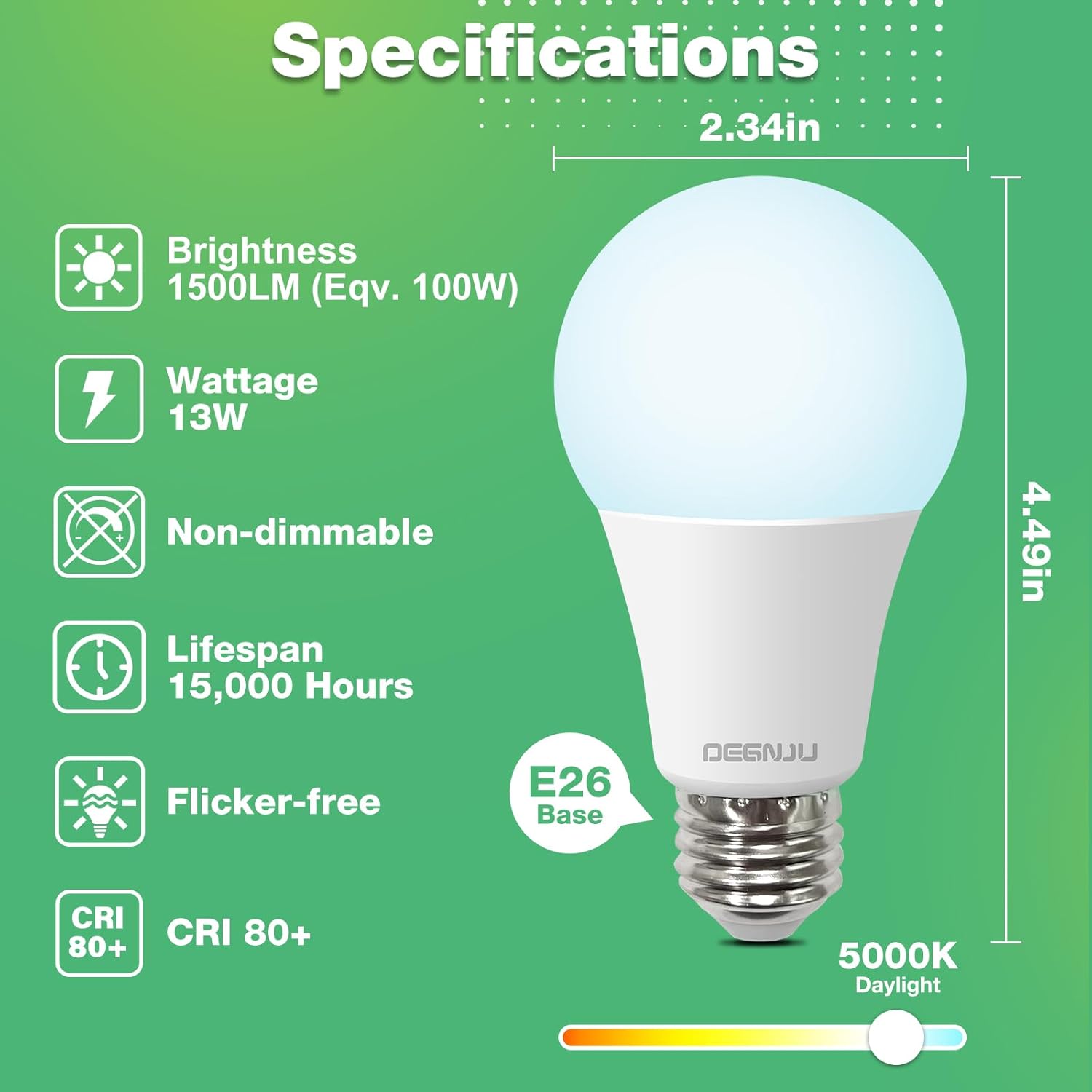 A19 LED Light Bulbs Daylight 5000K, 100 Watt Equivalent LED Bulbs, 1500 LM, 15000 Hours, E26 Base, Non-Dimmable, 13W Bright White LED Bulbs for Bedroom Living Room Home Office, 12 Pack - Image 2