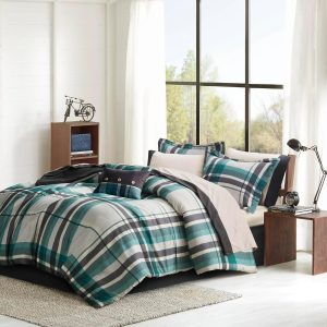 CHARMMA 9 PCS Full Plaid Comforter Set with Bed Sheets Teal/86.00x78.00x1.00in