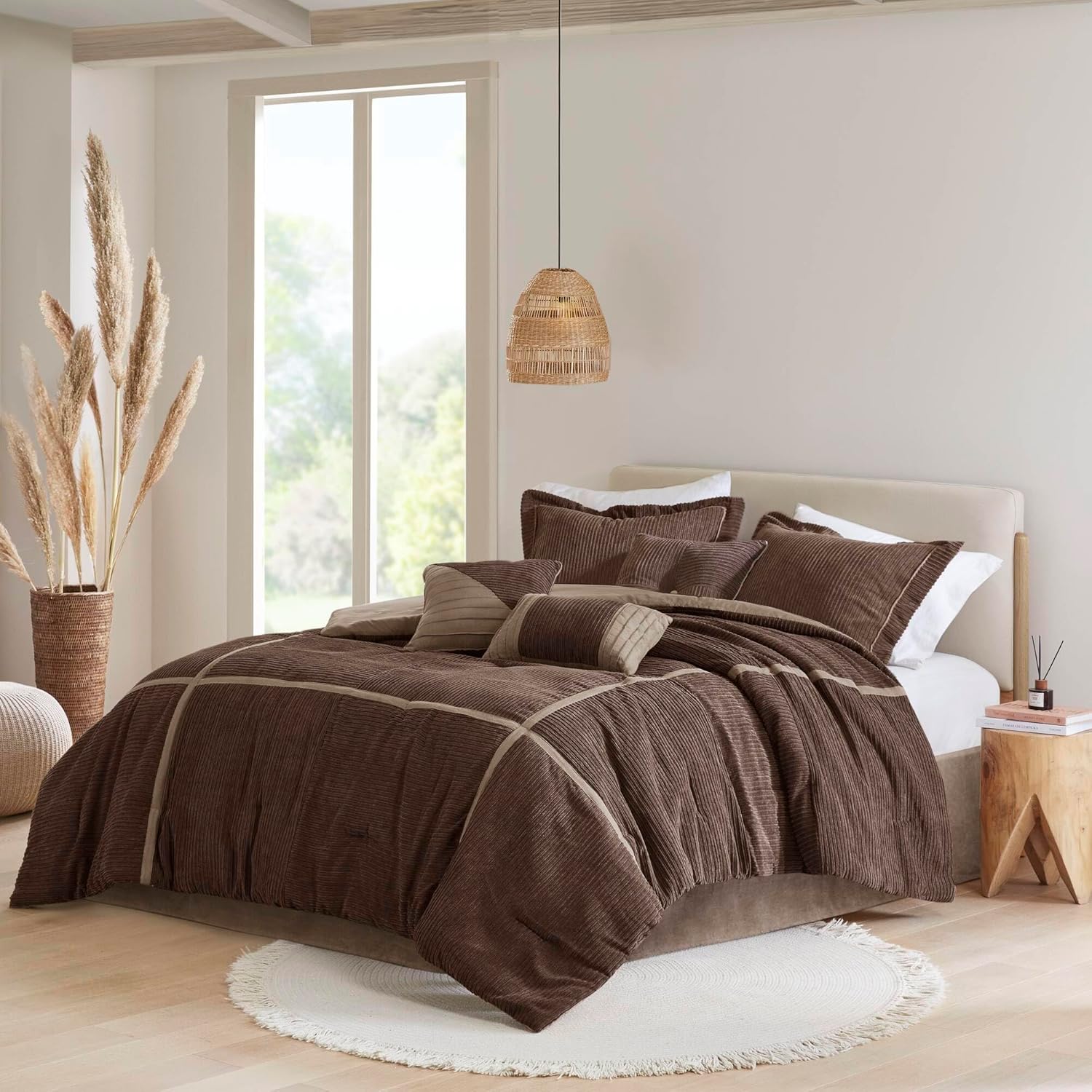 CHARMMA 7 Piece Micro Corduroy Comforter Set Brown King, 104.00×92.00×1.50in