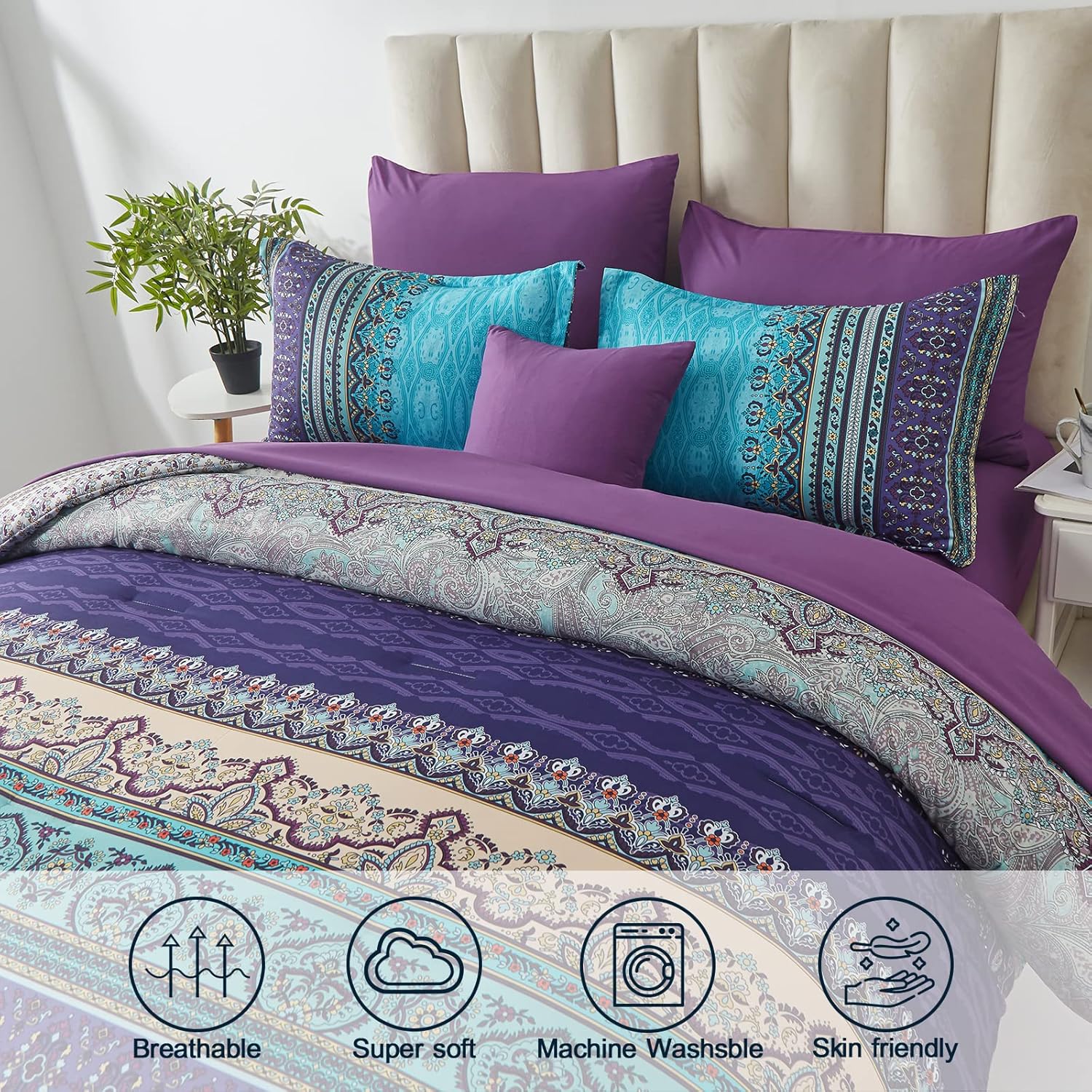 Cottolester Boho Comforter Set King Size 8 Piece Bed in a Bag Bohemian Striped Bedding Quilt Set Aqua Paisley Floral Comforter and Sheet Set,Soft Microfiber Complete Bedding Sets for All Season - Image 3