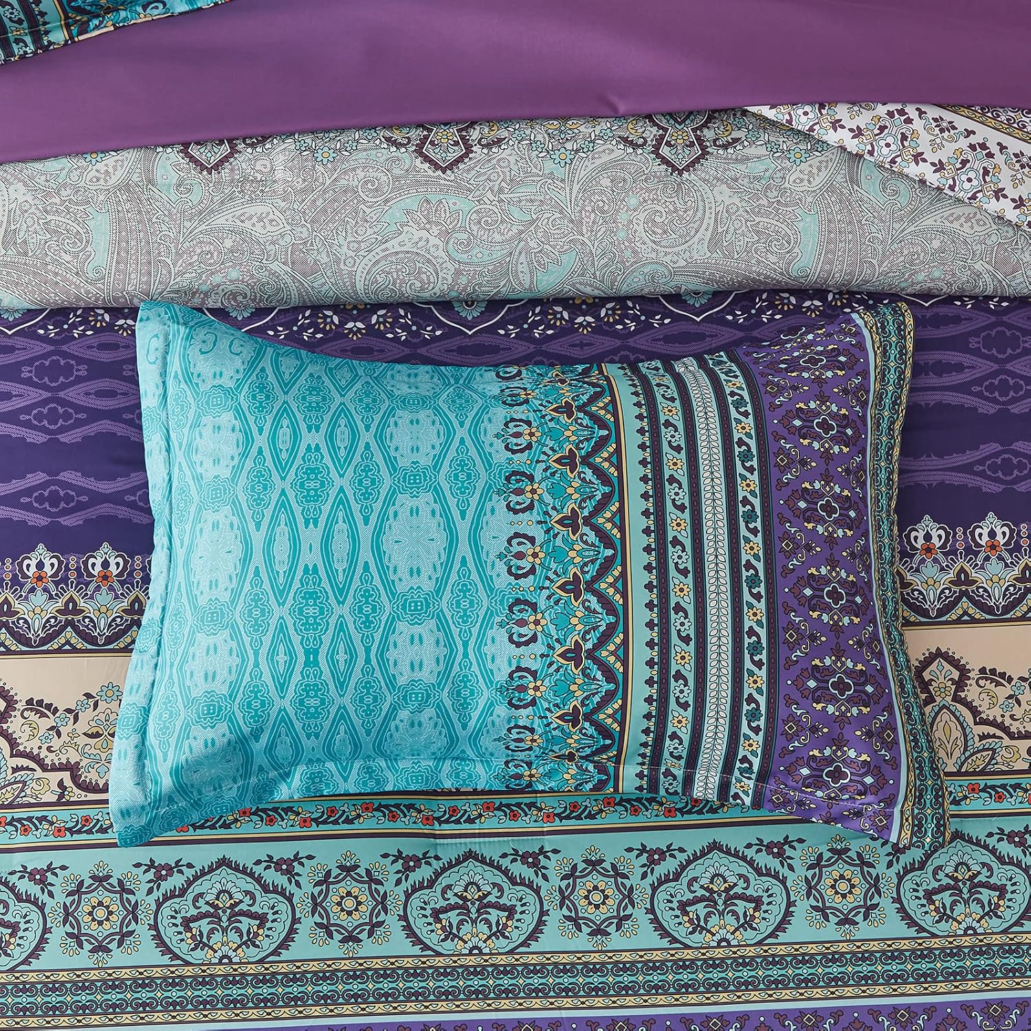 Cottolester Boho Comforter Set King Size 8 Piece Bed in a Bag Bohemian Striped Bedding Quilt Set Aqua Paisley Floral Comforter and Sheet Set,Soft Microfiber Complete Bedding Sets for All Season - Image 7