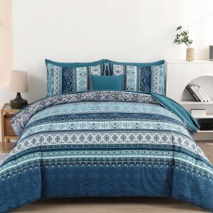 Cottolester Boho Comforter Set King Size 8 Pieces, Teal Blue Comforter Bohemian Striped Bed in A Bag, Soft Microfiber Bedding Set for All Seasons