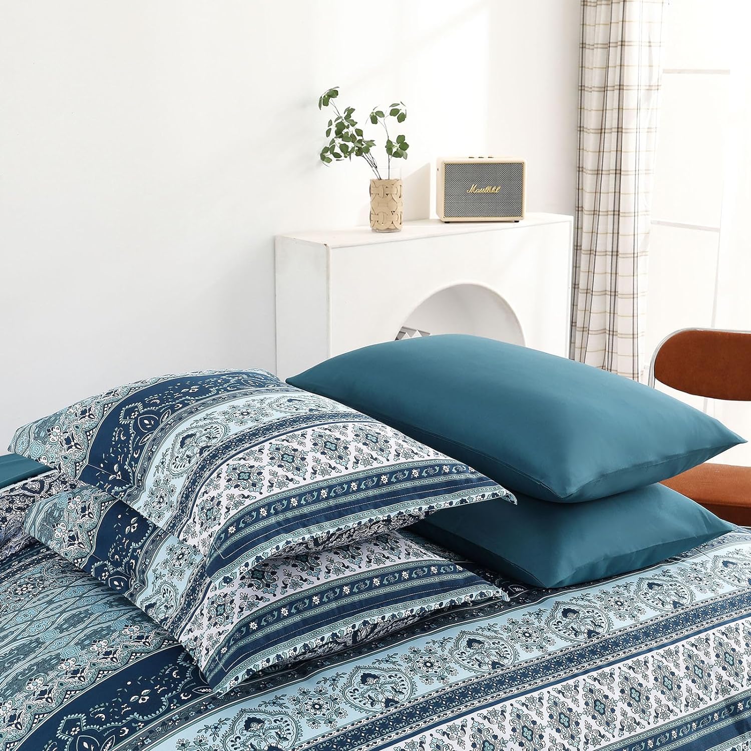 Cottolester Boho Comforter Set King Size 8 Pieces, Teal Blue Comforter Bohemian Striped Bed in A Bag, Soft Microfiber Bedding Set for All Seasons - Image 6