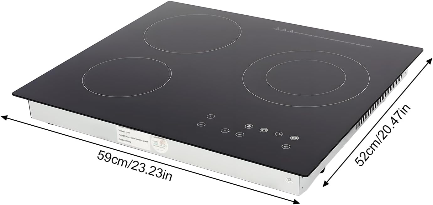 23 Inch Induction Cooktop, 3 Burner 2600W Flat Glass Top, 9 Power Levels Built-in Induction Stovetop,Crystal Flat Ceramic Cooktop, Radiant Electric Stove Top with Child Lock Touch Control - Image 3