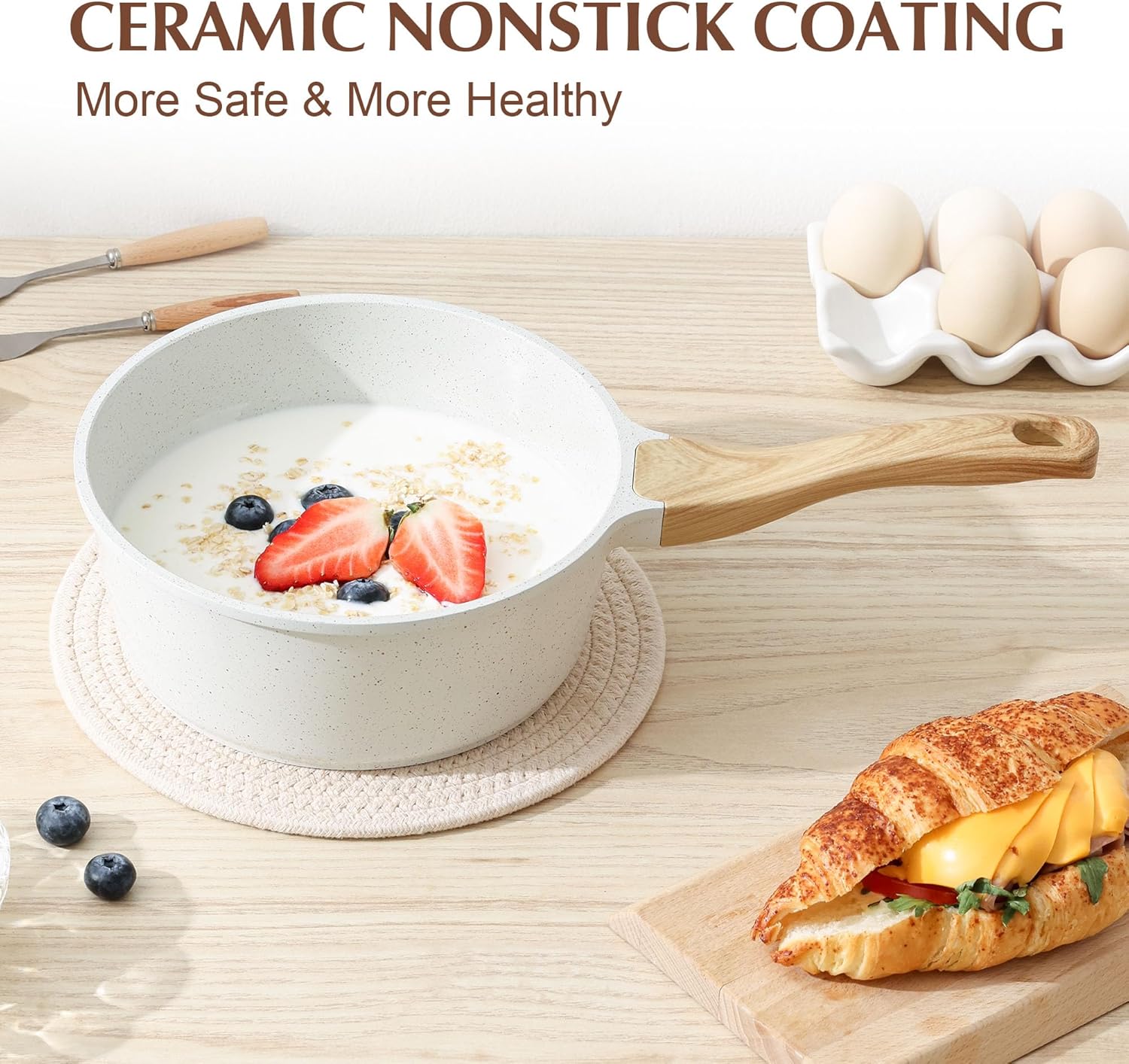 SENSARTE White Ceramic Nonstick Saucepan with Lid 2.5 Quarts, Medium Cooking Pot with Stay Cool Handle, Induction Compatible Saucepot, White Granite Coating, Free of Intentionally Added PTFE/PFOA/PFAS - Image 6