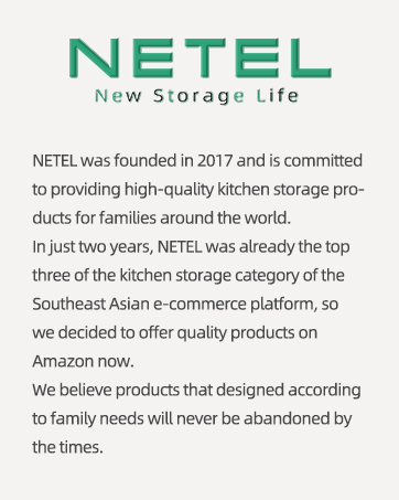 Logo for NETEL kitchen storage products, with green text. Includes company information and commitment to high-quality storage solutions.