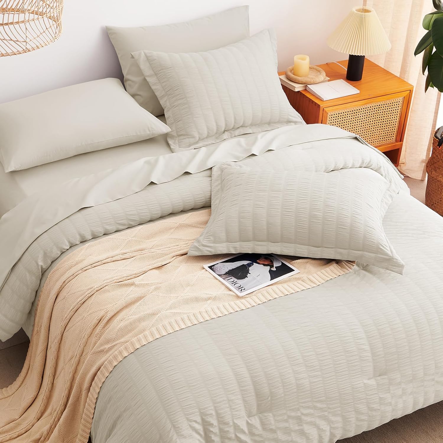 CozyLux Full Size Comforter Sets with Sheets Seersucker 7 Pieces Oatmeal Bed in a Bag Textured Luxury Soft Bedding Set with Down Alternative Comforter, Sheets, Pillowcases & Shams for All Seasons - Image 6
