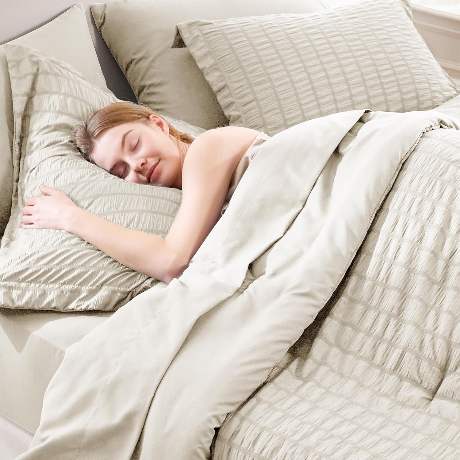 CozyLux Full Size Comforter Sets with Sheets Seersucker 7 Pieces Oatmeal Bed in a Bag Textured Luxury Soft Bedding Set with Down Alternative Comforter, Sheets, Pillowcases & Shams for All Seasons - Image 7