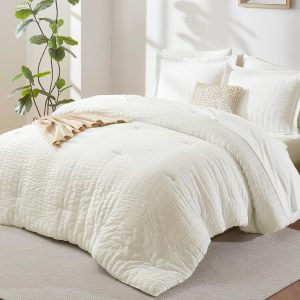 CozyLux King Size Comforter Set Ivory Seersucker 7 Pieces Bed in a Bag King Comforter Set with Sheets, Luxury Soft Bedding Set with Down Alternative Comforter, Sheets, Pillowcases & Shams All Seasons