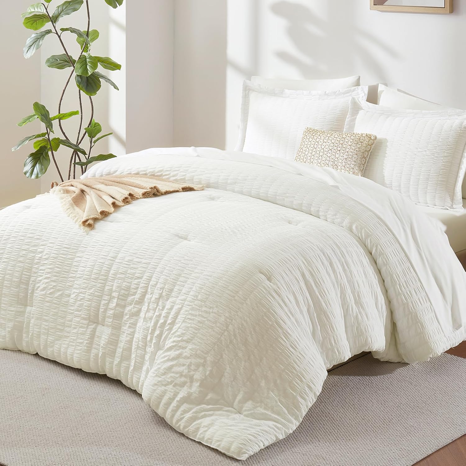 CozyLux King Size Comforter Set Ivory Seersucker 7 Pieces Bed in a Bag King Comforter Set with Sheets, Luxury Soft Bedding Set with Down Alternative Comforter, Sheets, Pillowcases & Shams All Seasons