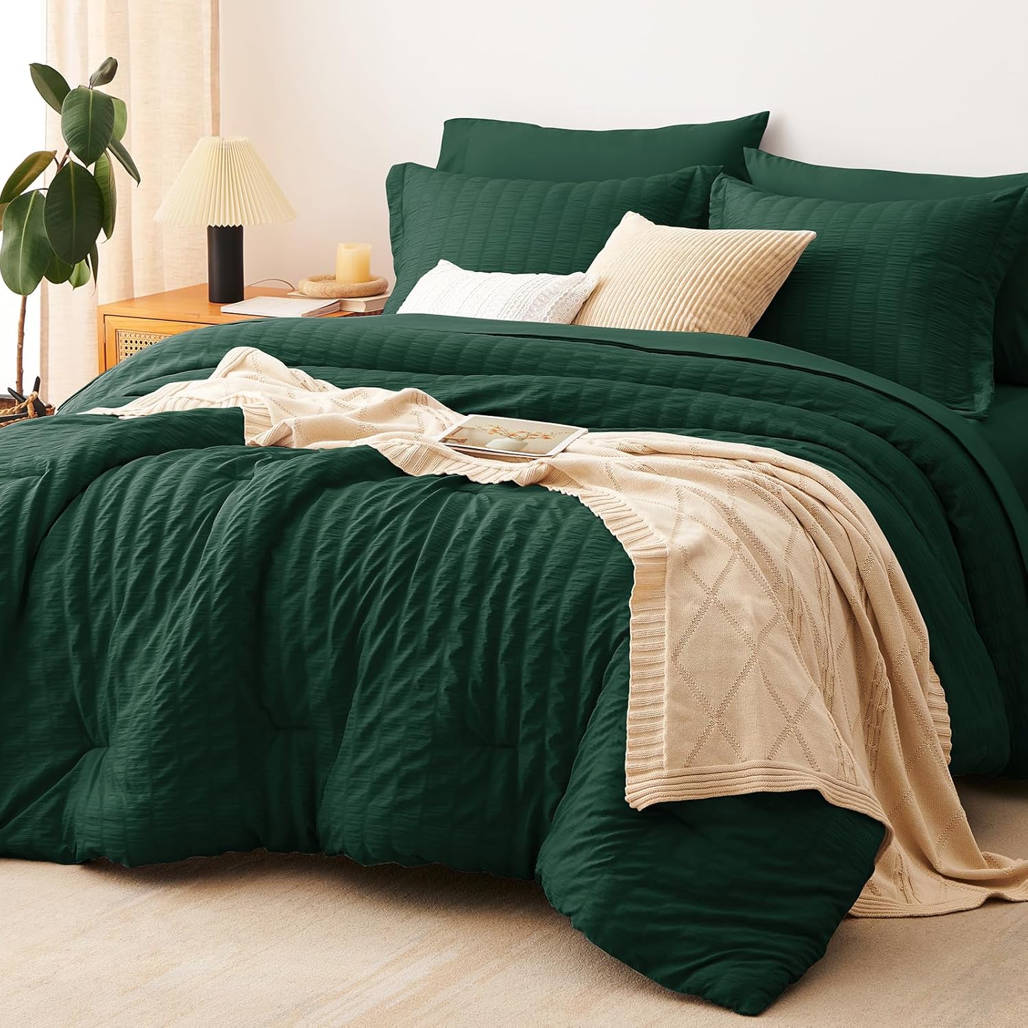 CozyLux Full Size Comforter Sets with Sheets Seersucker 7 Pieces Emerald Green Bed in a Bag Textured Luxury Soft Bedding Set with Down Alternative Comforter, Sheets, Pillowcases & Shams for All Season