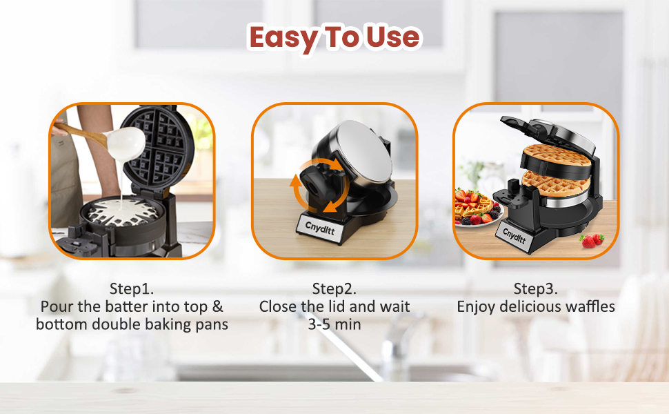 Cnydltt belgian waffle maker is very easy to use, making fluffy waffles only takes 3 steps
