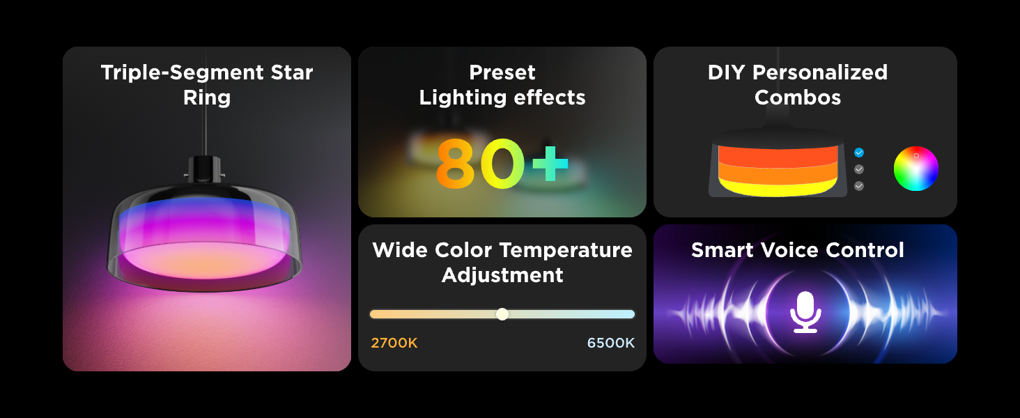 Triple-Segment Start Ring, 80+ Preset effects, DIY, Wide Color Temperature, Voice Control