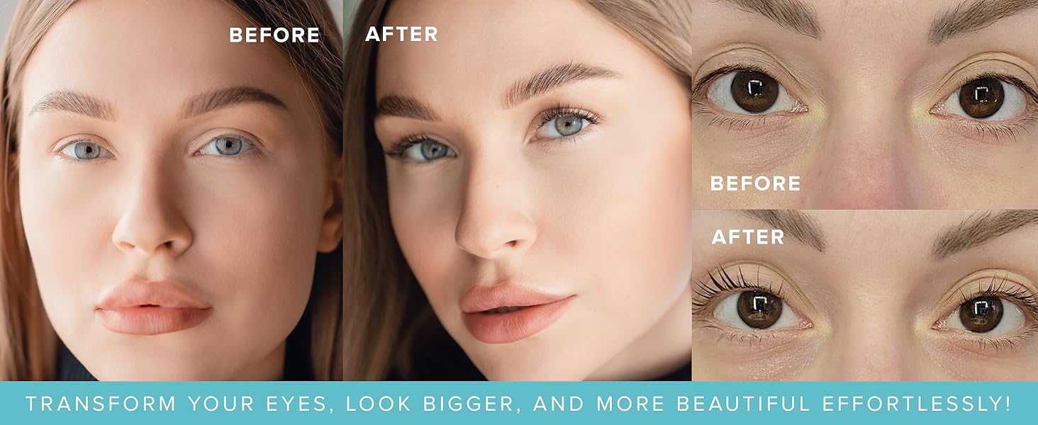 Before and after comparison of eye makeup. Left shows natural eye, right shows enhanced lashes and defined eyebrows.